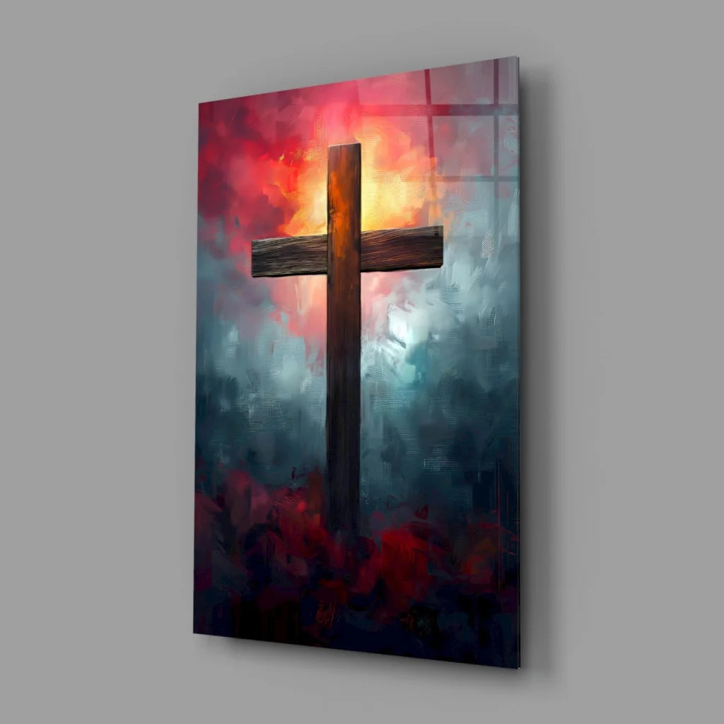 Fiery Cross Wall Art with Dramatic Sunset Sky Canvas | Glass Wall Art Print | vintageantiquesgifts.com