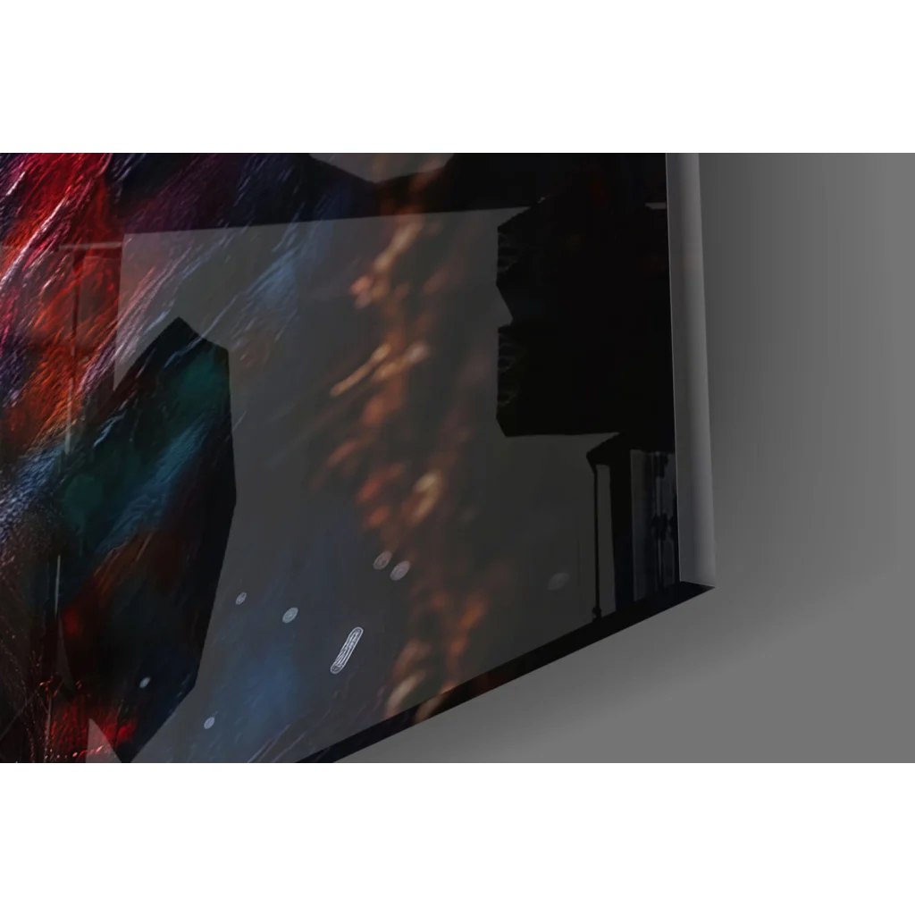 Fiery abstract figure glass wall art in red teal orange on black frame