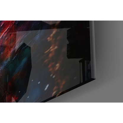 Fiery abstract figure glass wall art in red teal orange on black frame