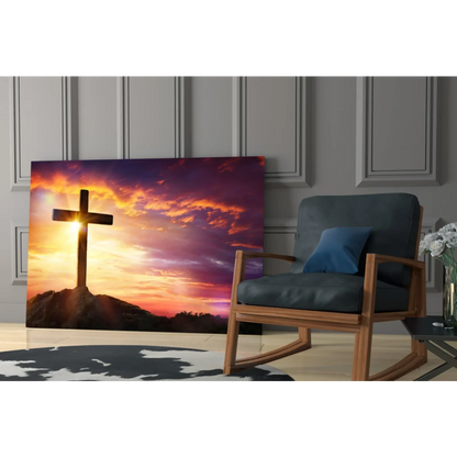 Vibrant sunset cross silhouette canvas wall art in orange, purple, pink hues