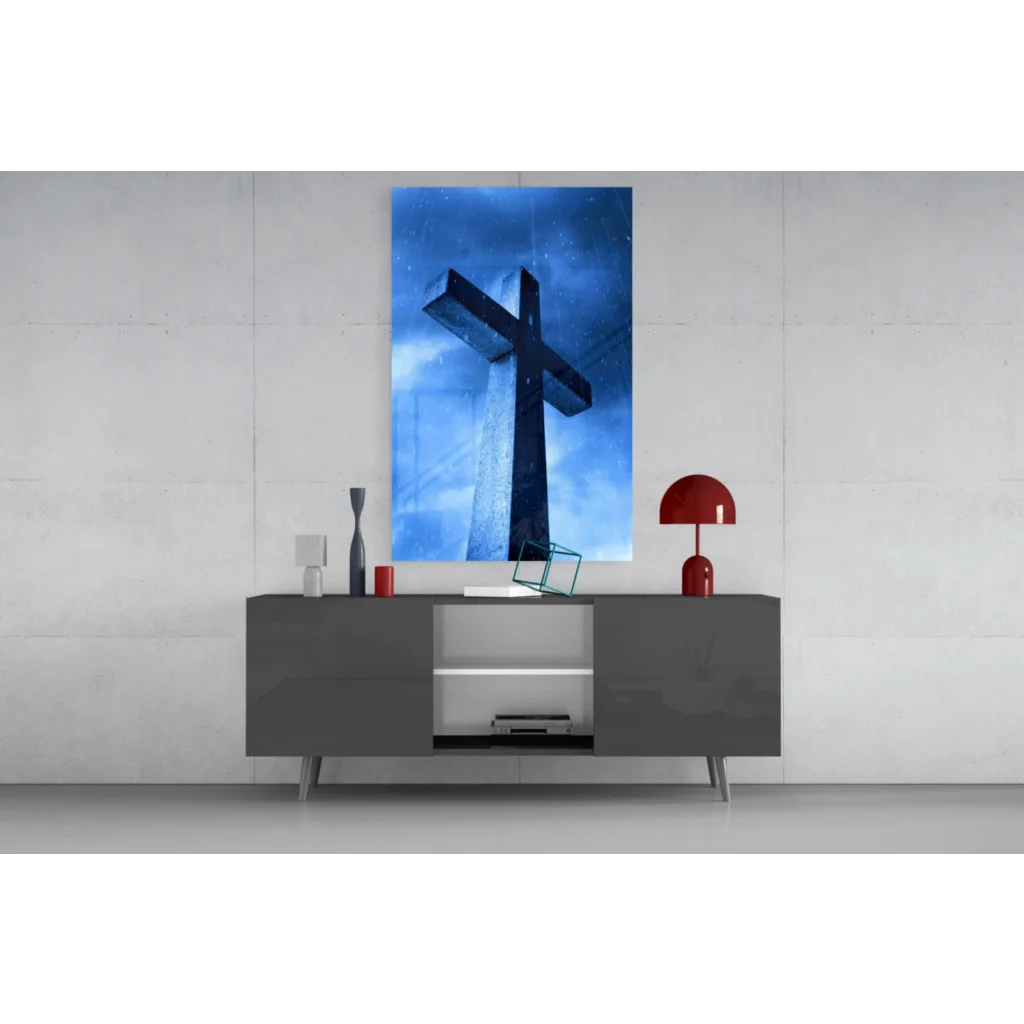 Stunning glass wall art of blue starry sky with dark cross silhouette