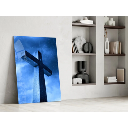 Stunning glass wall art of blue canvas print with dark cross on starry sky