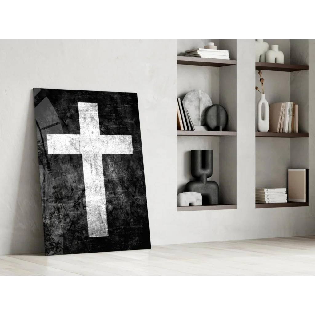 Distressed cross textured black and white wall art canvas print