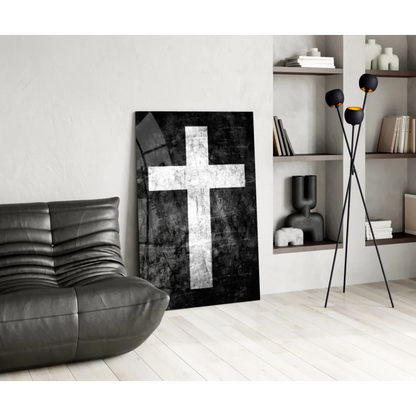 Distressed black and silver textured canvas wall art with white cross