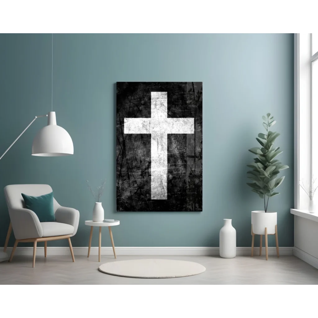 Bold distressed cross on black white textured canvas wall art