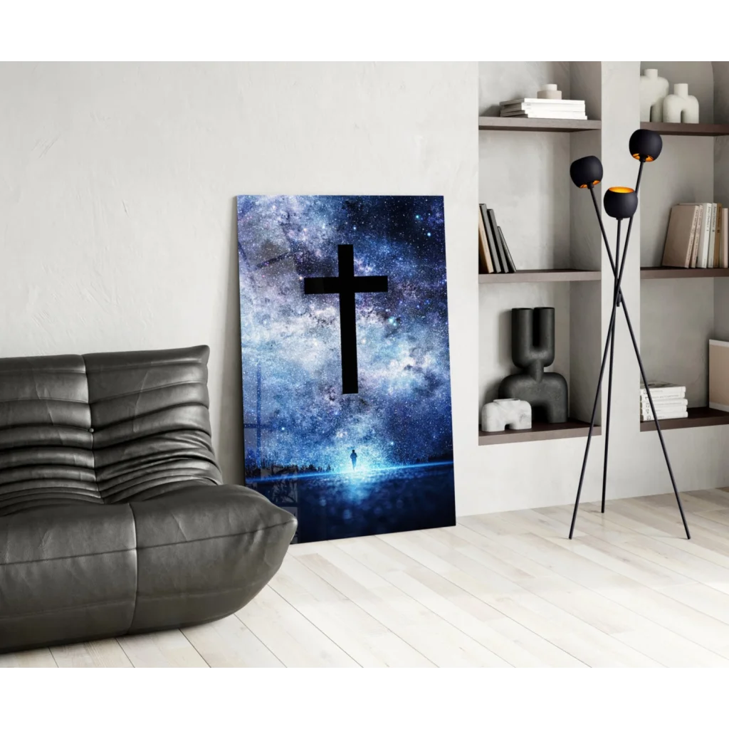 Stunning cosmic cross on starry galaxy glass wall art