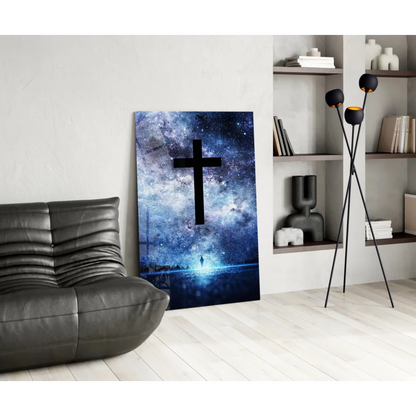 Stunning cosmic cross on starry galaxy glass wall art
