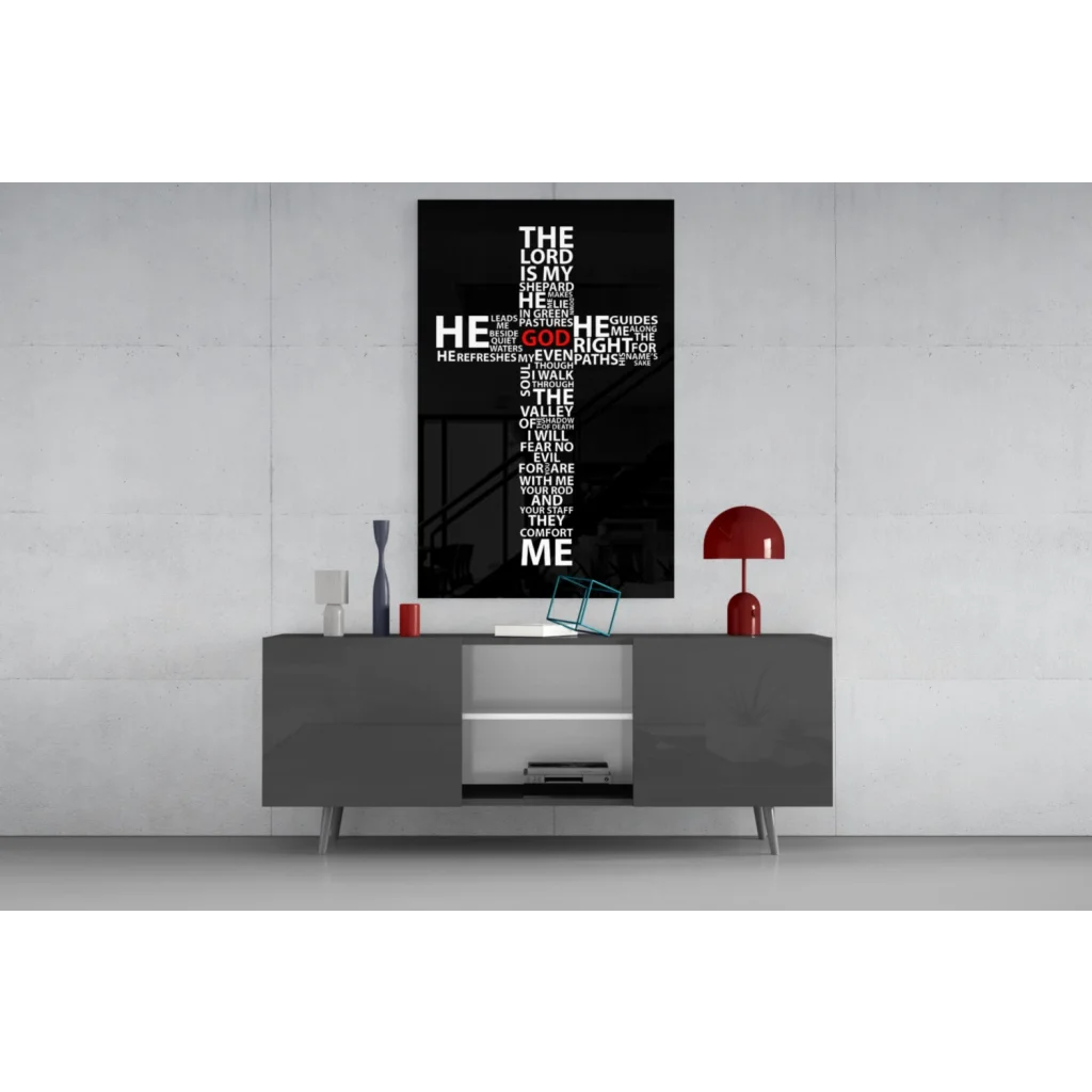 Black canvas wall art with cross-shaped Psalm 23 verse
