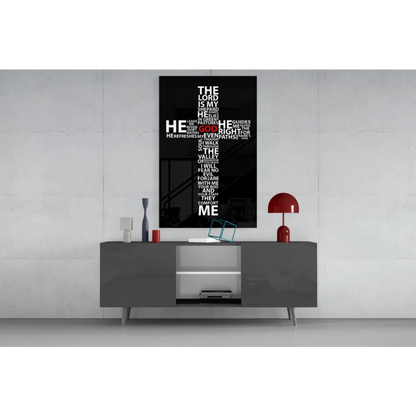 Black canvas wall art with cross-shaped Psalm 23 verse