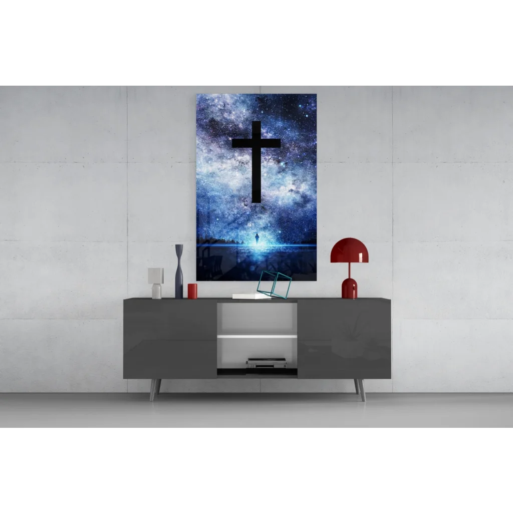 Striking black cross on cosmic blue purple galaxy glass wall art