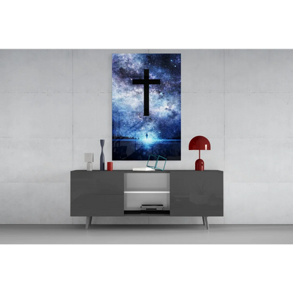 Striking black cross on cosmic blue purple galaxy glass wall art