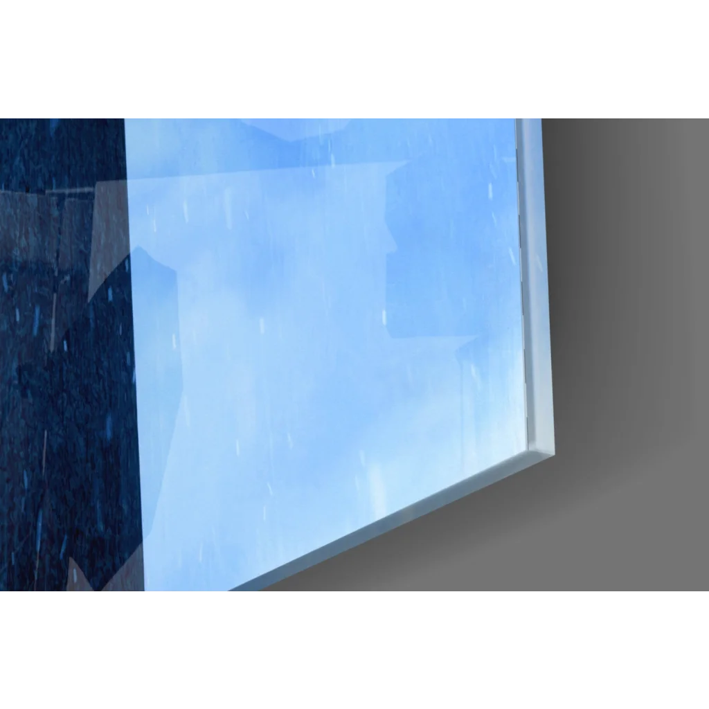 Stunning glass wall art of rainy blue sky through white-framed window