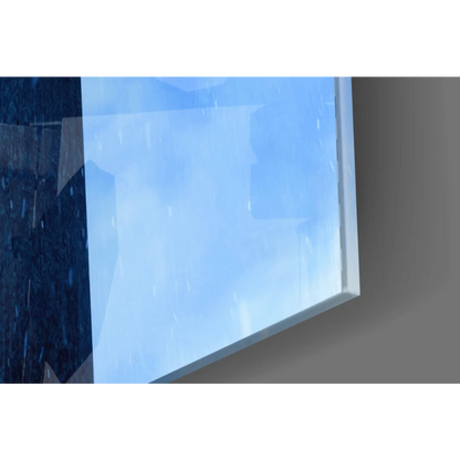 Stunning glass wall art of rainy blue sky through white-framed window