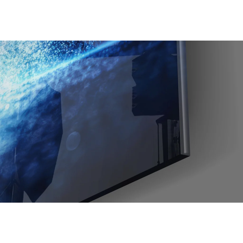 Sleek cosmic glass wall art TV frame with starry galaxy scene