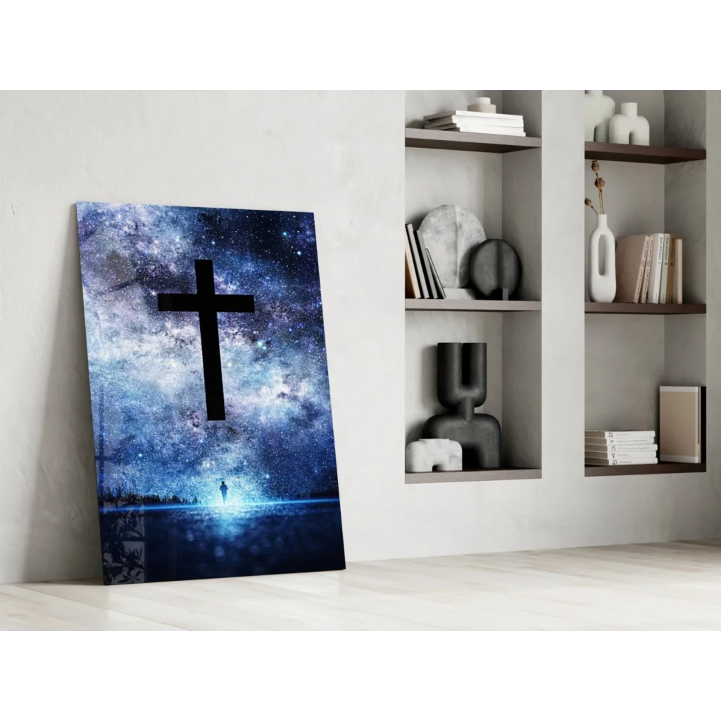 Bold black cross on starry blue galaxy glass wall art