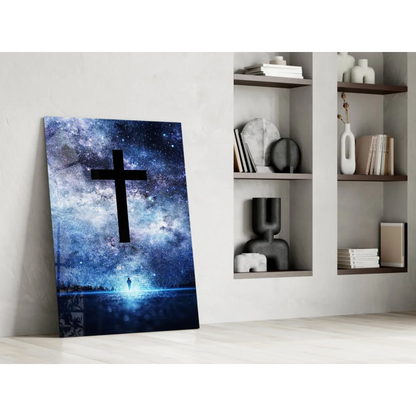 Bold black cross on starry blue galaxy glass wall art