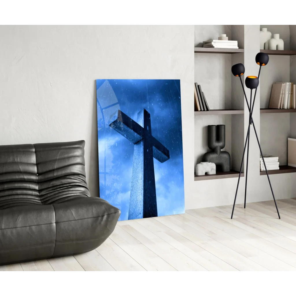 Stunning glass wall art of dark cross on starry sky canvas print
