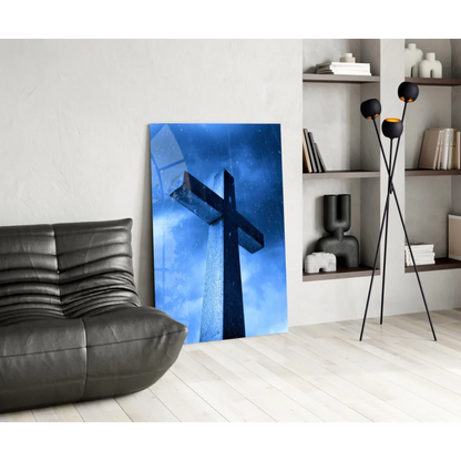 Stunning glass wall art of dark cross on starry sky canvas print