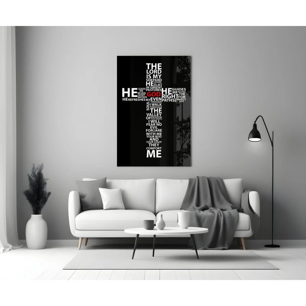 Black and white cross wall art canvas with The Lord Is My Shepherd typography