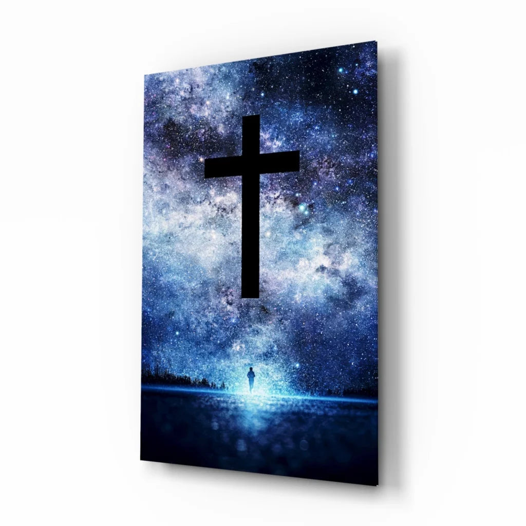 Black cosmic cross on blue white galaxy glass wall art