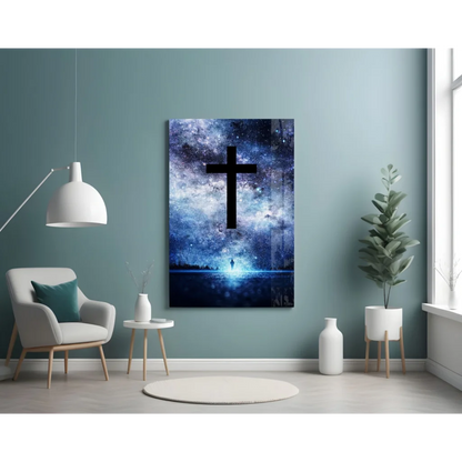 Striking cosmic cross glass wall art with starry blue galaxy design