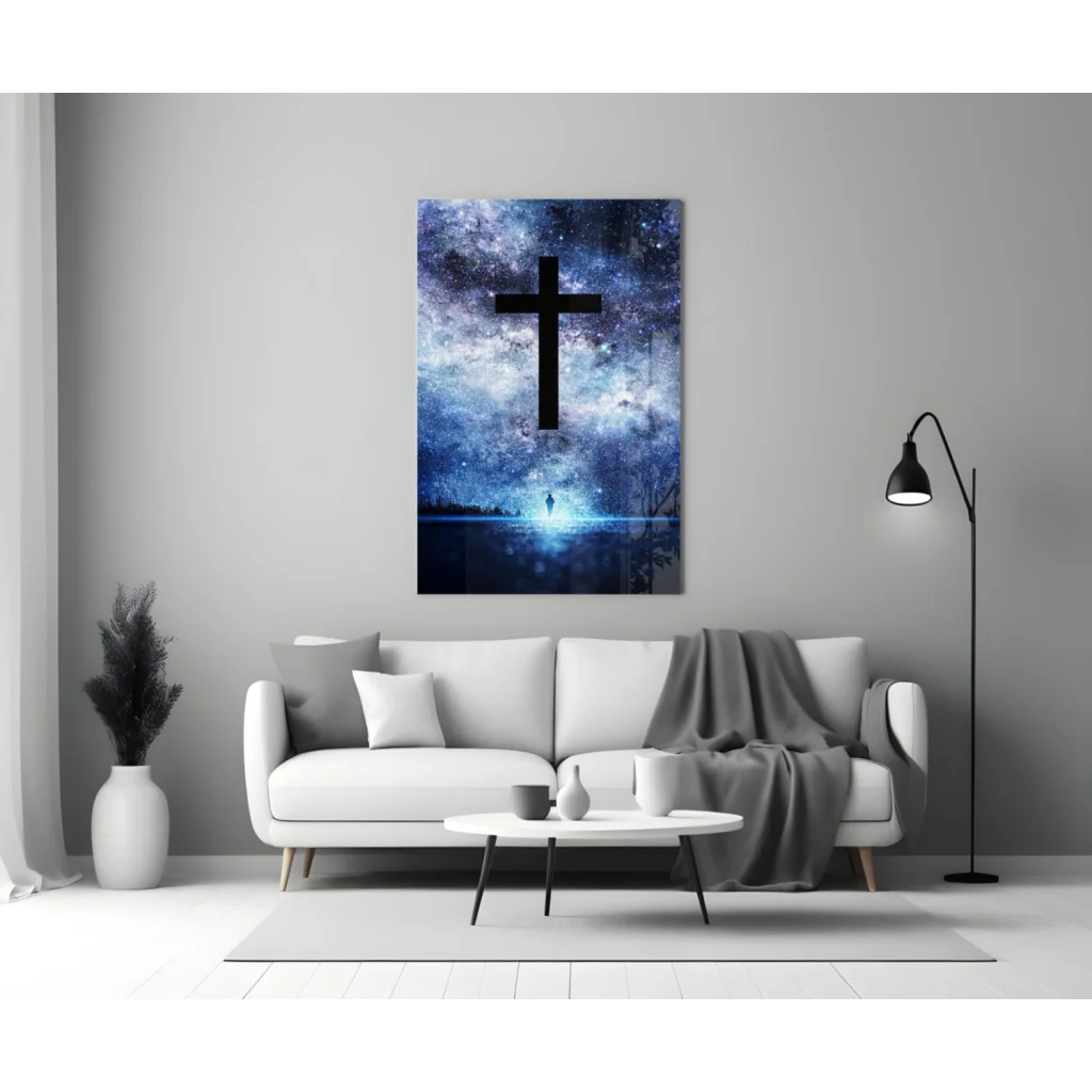 Striking black cross on cosmic blue starry glass wall art
