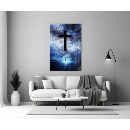 Striking black cross on cosmic blue starry glass wall art