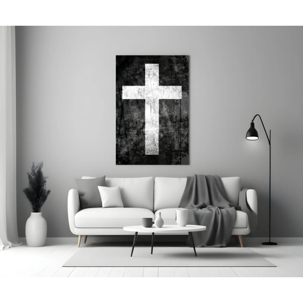 Black and white distressed cross textured wall art canvas