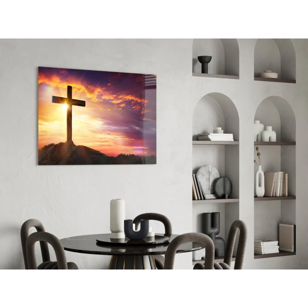 Vibrant sunset cross glass wall art with orange purple sky silhouette
