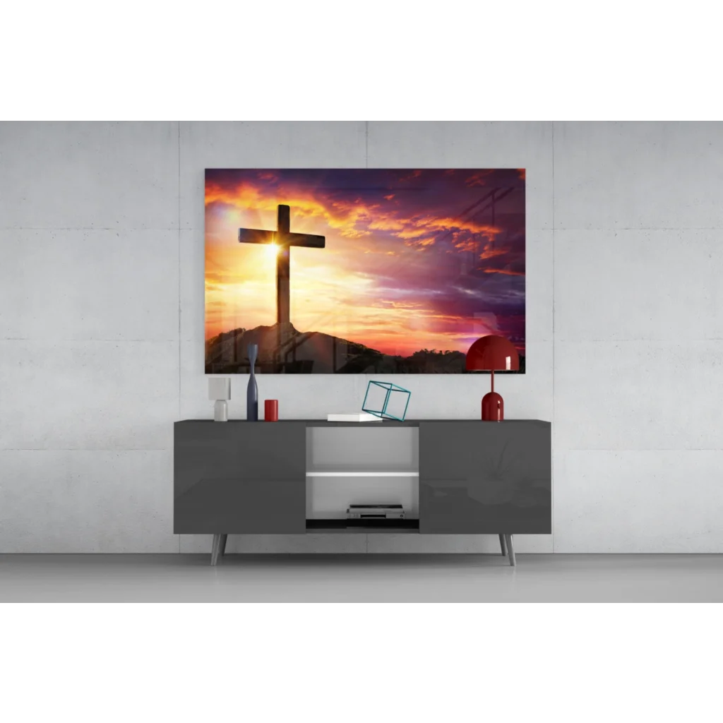 Vibrant sunset cross silhouette canvas wall art in orange purple pink sky
