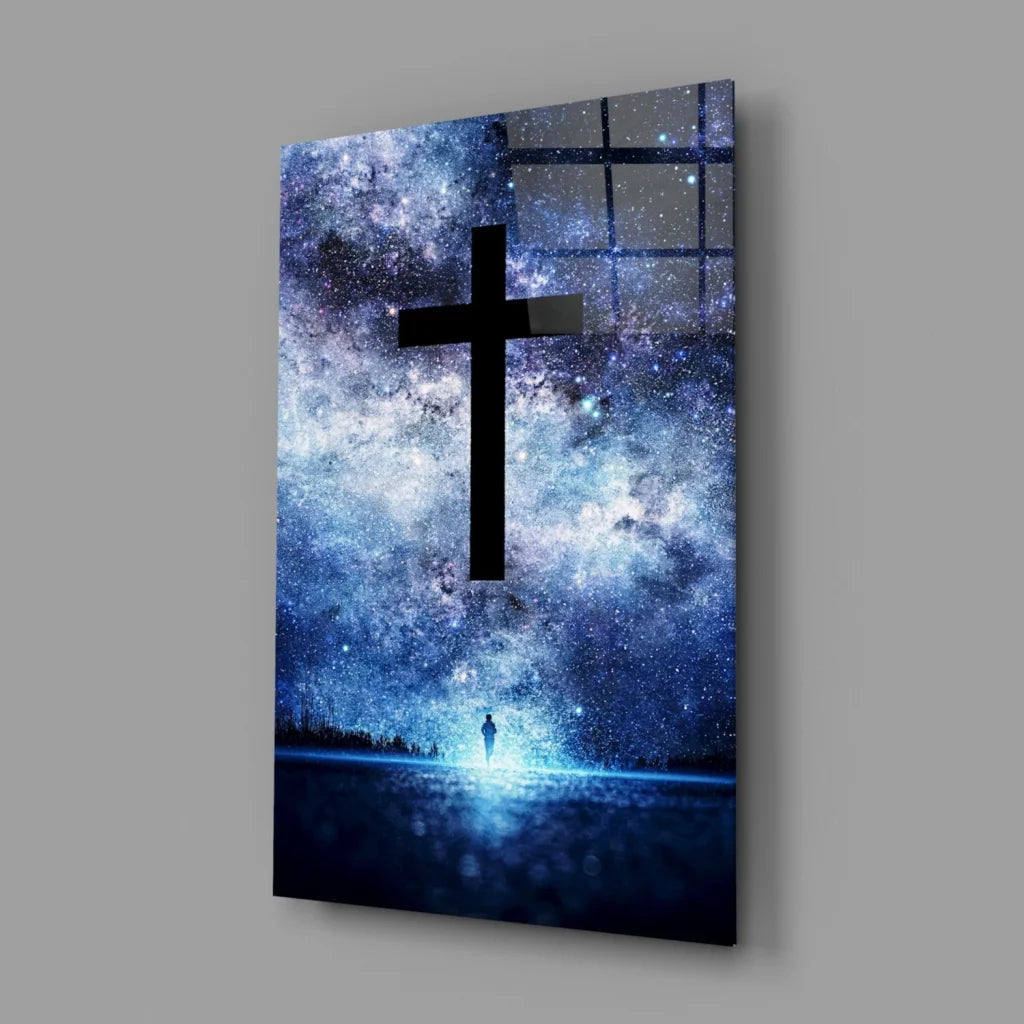 Sleek black cross on cosmic blue galaxy glass wall art