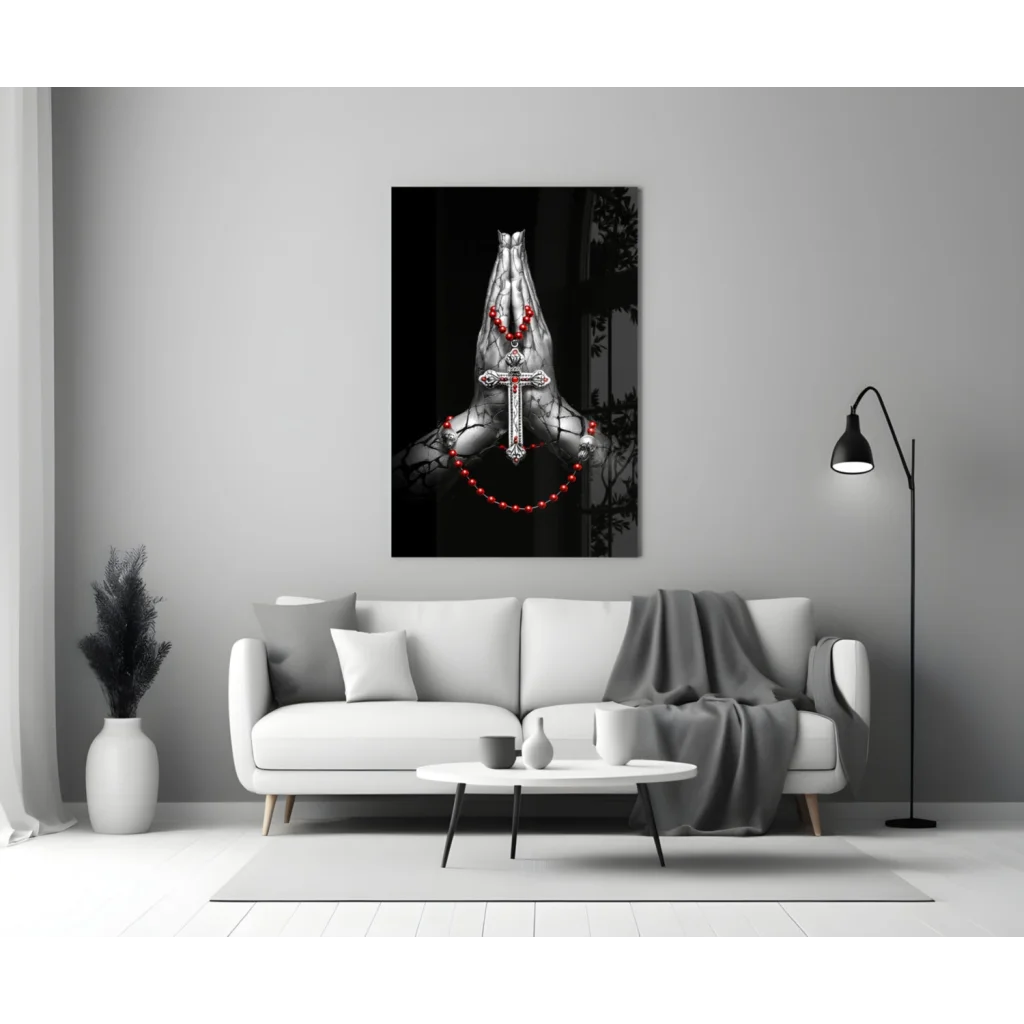 Black-and-white praying hands wall art canvas with silver cross and red beads