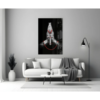 Black-and-white praying hands wall art canvas with silver cross and red beads