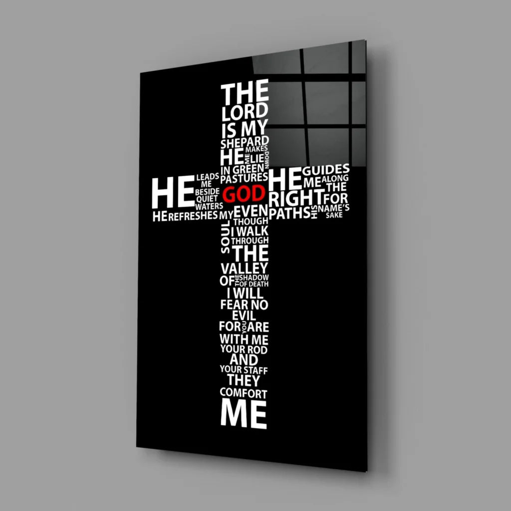 Black canvas wall art with Lord is my shepherd cross in Bible text