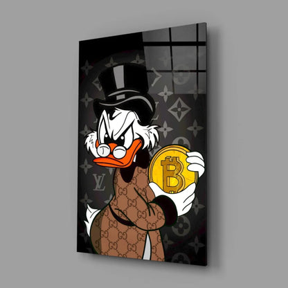 Fancy black-and-gold Bitcoin duck in Gucci coat on LV backdrop, glass wall art