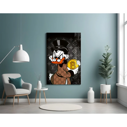 Fancy cartoon duck in top hat and suit holds bitcoin coin on glass wall art