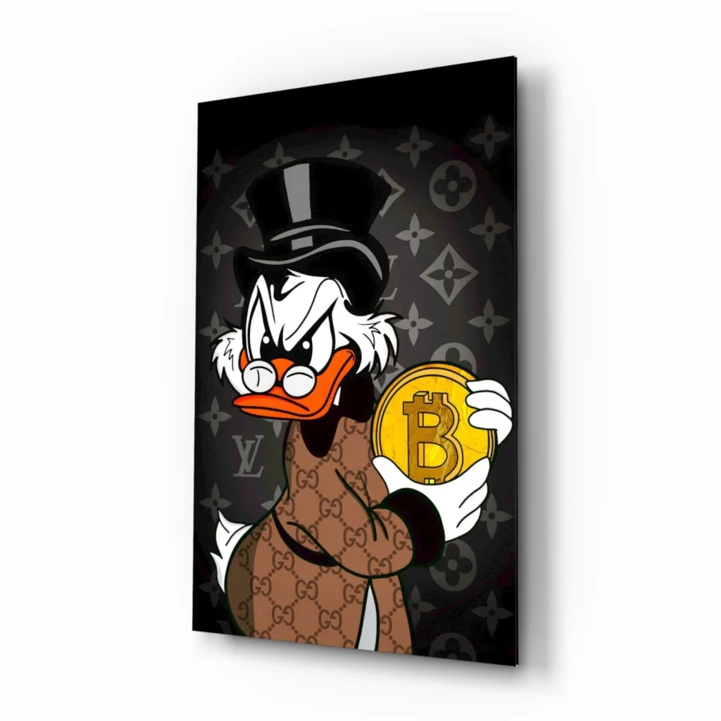 Fancy cartoon duck in Gucci coat and top hat holds Bitcoin coin on LV-patterned glass wall art