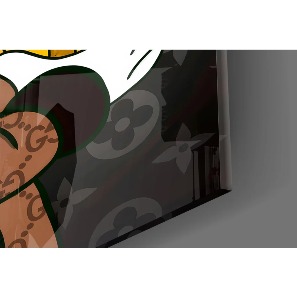 Fancy Bitcoin Duck glass wall art on black canvas with Louis Vuitton pattern