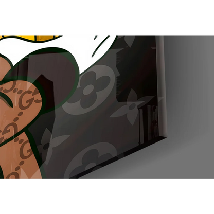 Fancy Bitcoin Duck glass wall art on black canvas with Louis Vuitton pattern