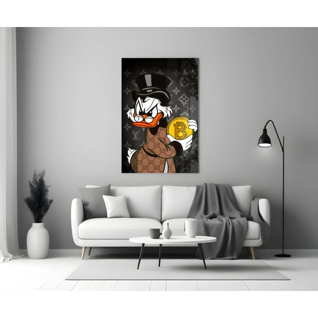 Fancy Bitcoin Duck glass wall art on designer pattern canvas