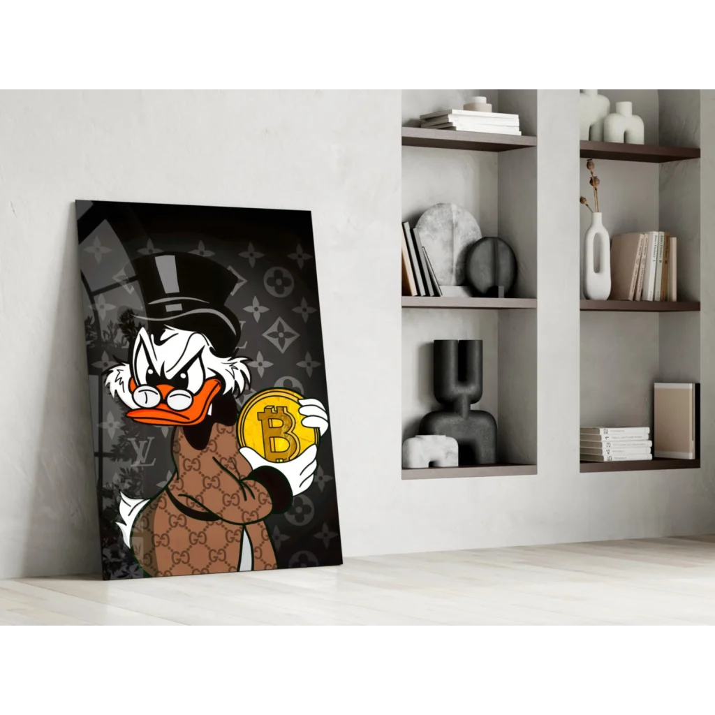Fancy bitcoin duck glass wall art with LV and Gucci patterns