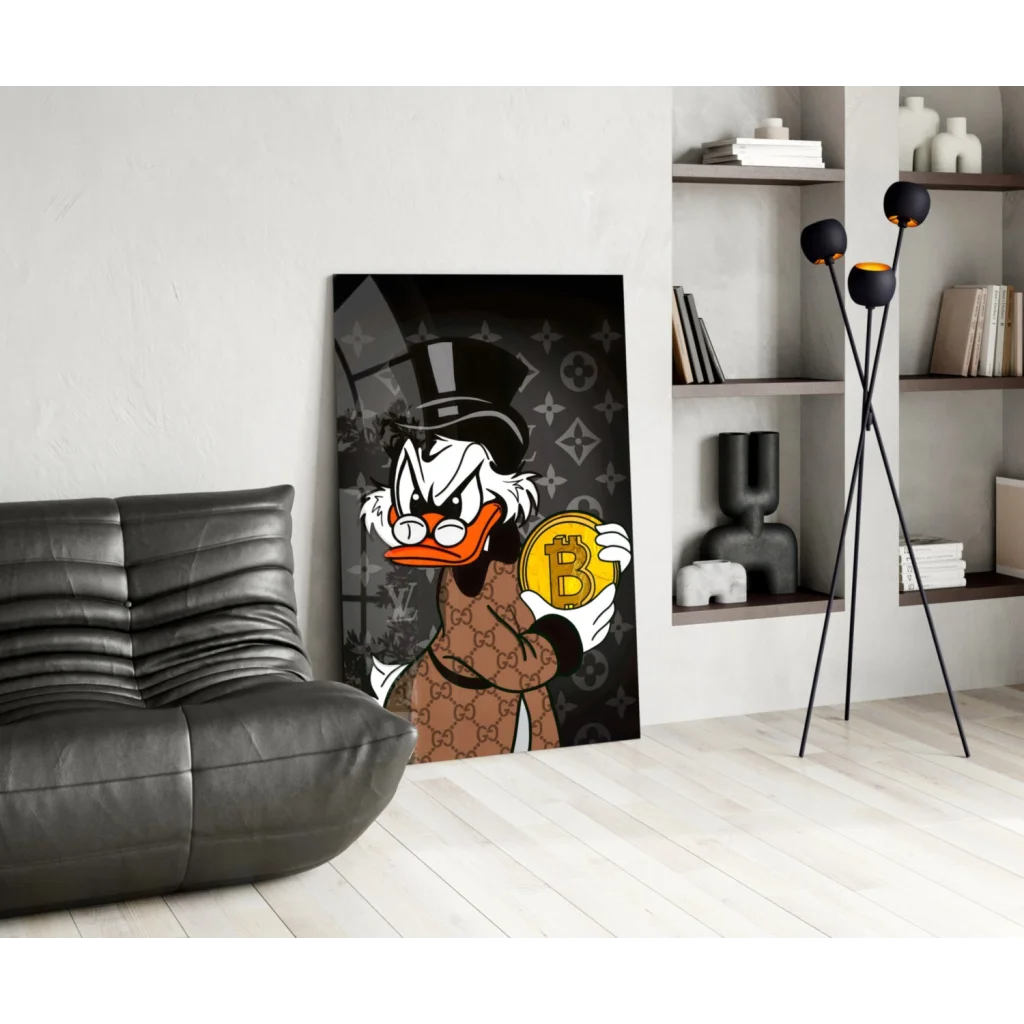 Fancy Gucci duck in top hat with bitcoin on glass wall art