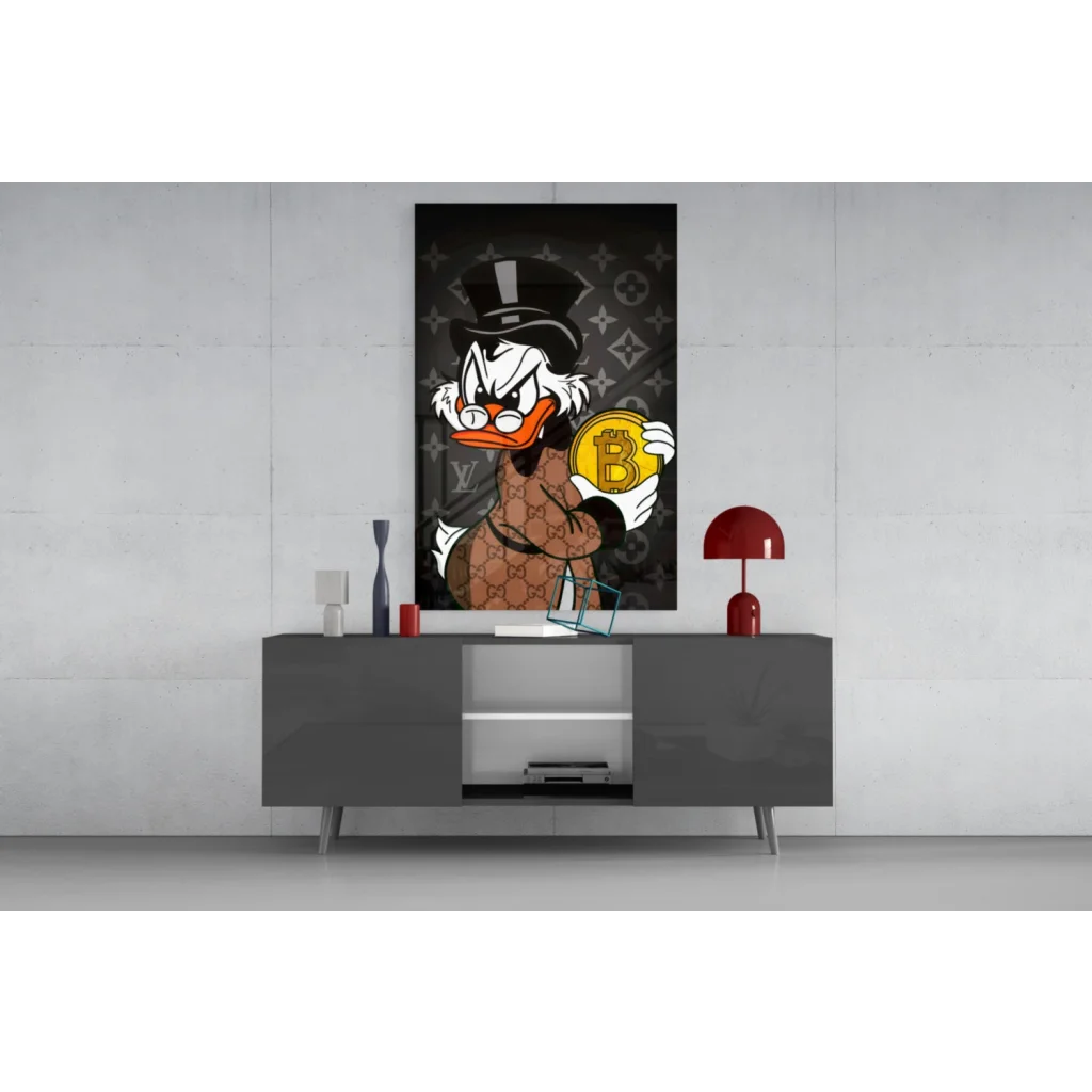 Fancy bitcoin duck glass wall art with Gucci suit and LV motifs