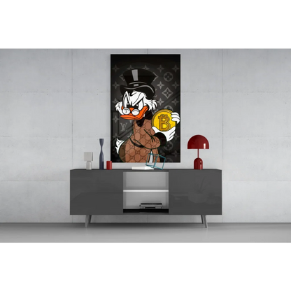 Fancy bitcoin duck glass wall art with Gucci suit and LV motifs