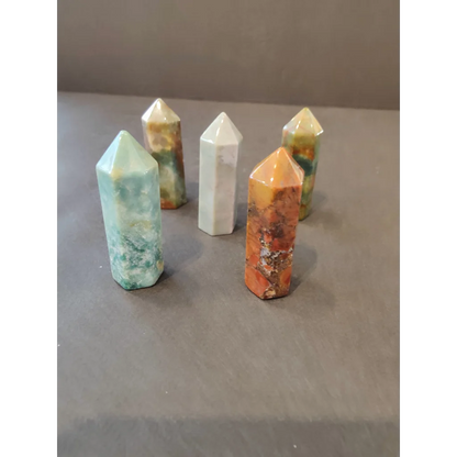 Vibrant crystal cut base tower sculpture set with teal, white, orange points