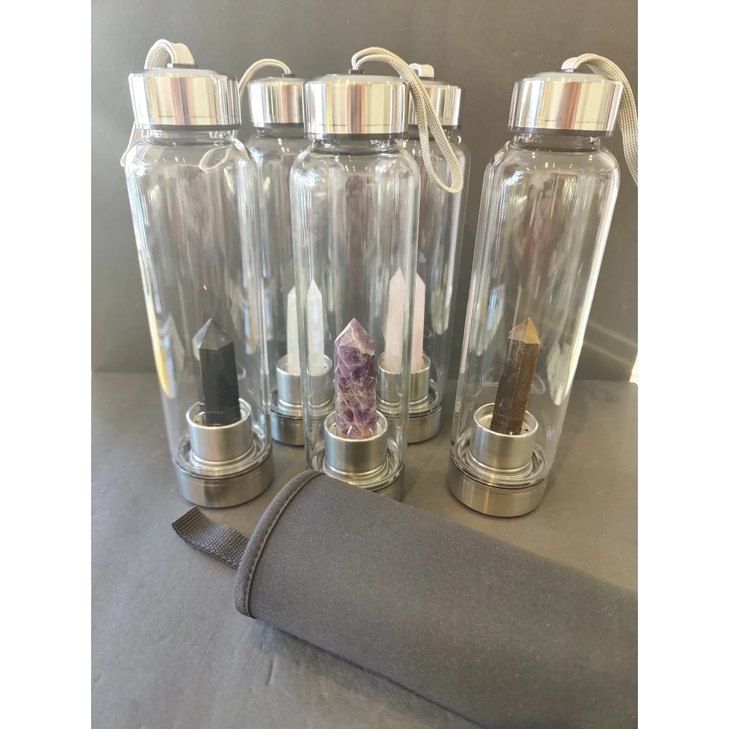 Crystal infused stainless steel water bottle with amethyst stone