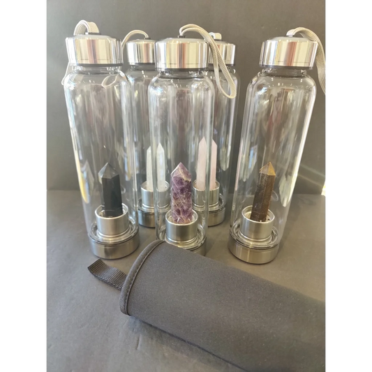 Crystal infused stainless steel water bottle with amethyst stone