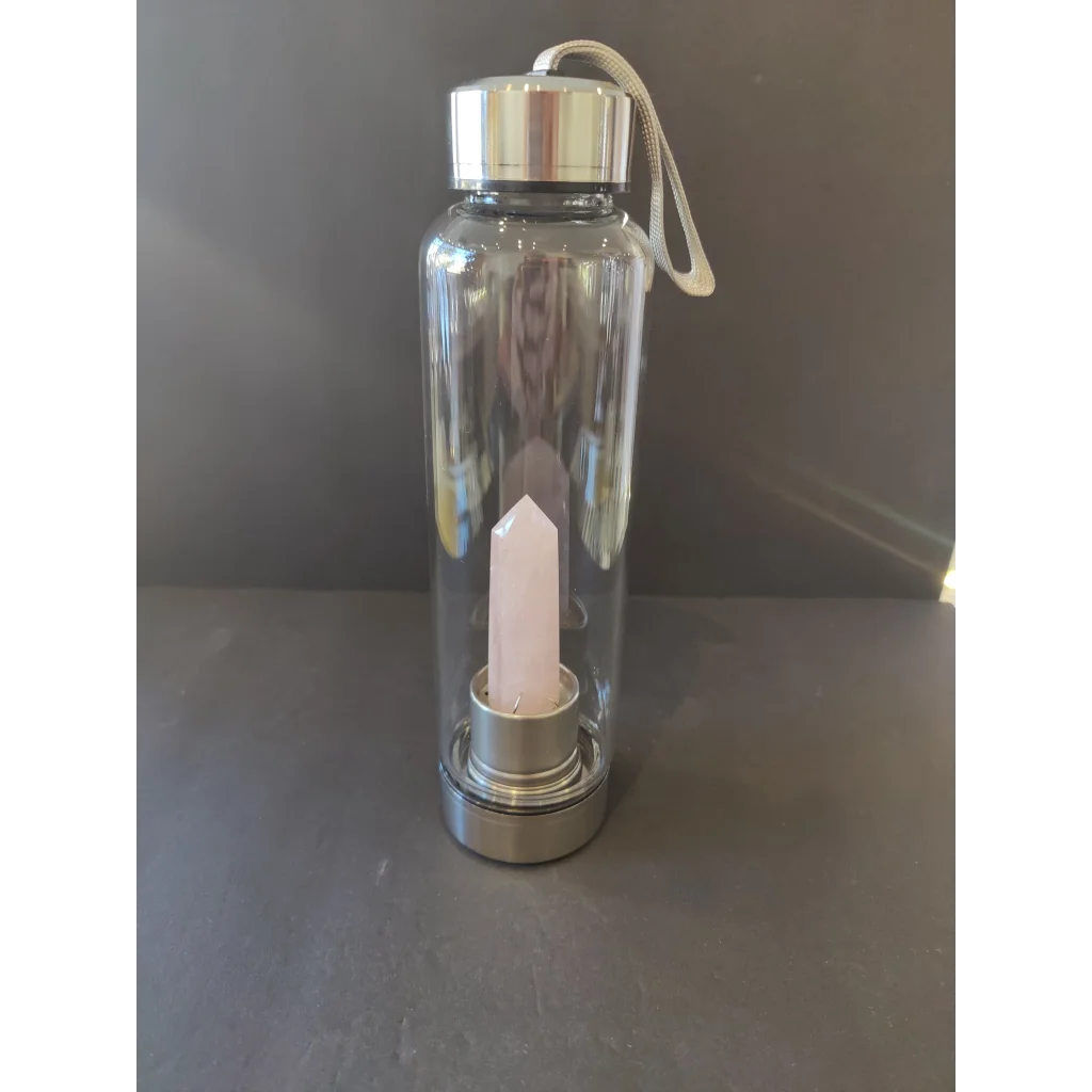 Crystal infused stainless steel water bottle with pink quartz crystal