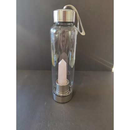 Crystal infused stainless steel water bottle with pink quartz crystal