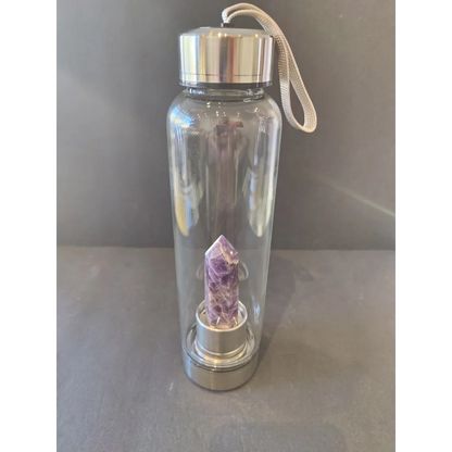 Crystal infused stainless steel water bottle with amethyst crystal